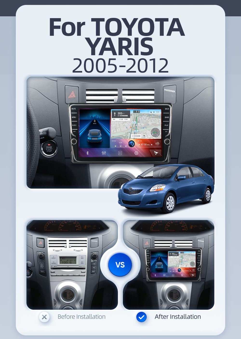 Android 11 Doble DIN en el Tablero Sat Nav Estéreo de Auto para Toyota Yaris XP90 2005-2012 Receptor Multimedia de Pantalla de 9 '' con Carplay Android Auto Bluetooth FM Am RDS Radio por I