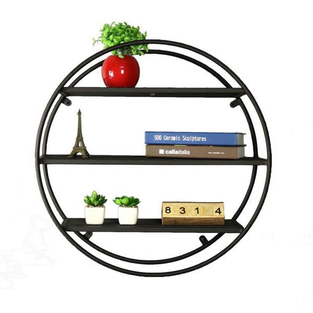 Wall Shelf Floating Shelf, 3 Tier Black Metal Wall Mounted Shelf Storage Organiser Unit Display Rack Round Storage (Size : 60cm)