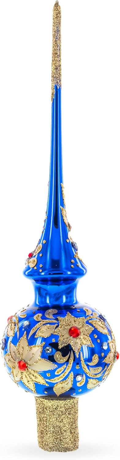 Royal Blue and Gold Floral Majesty Glass Christmas Tree Topper 11 Inches