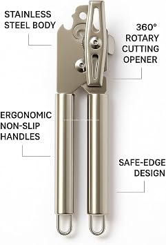 Busstier Professional Can Opener Easy Can Opener with Ergonomic Design with Stainless Steel Rotary Mechanism, Kitchen Apparatus with Integrated Soda Opener with Safe Cutting