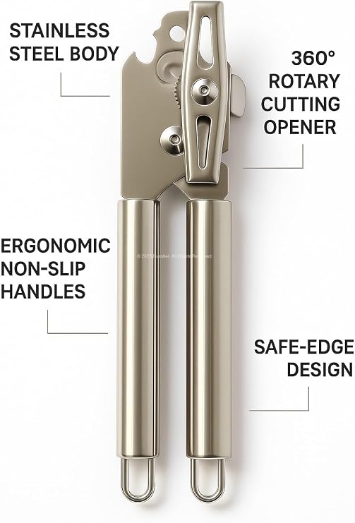 Busstier Professional Can Opener Easy Can Opener with Ergonomic Design with Stainless Steel Rotary Mechanism, Kitchen Apparatus with Integrated Soda Opener with Safe Cutting