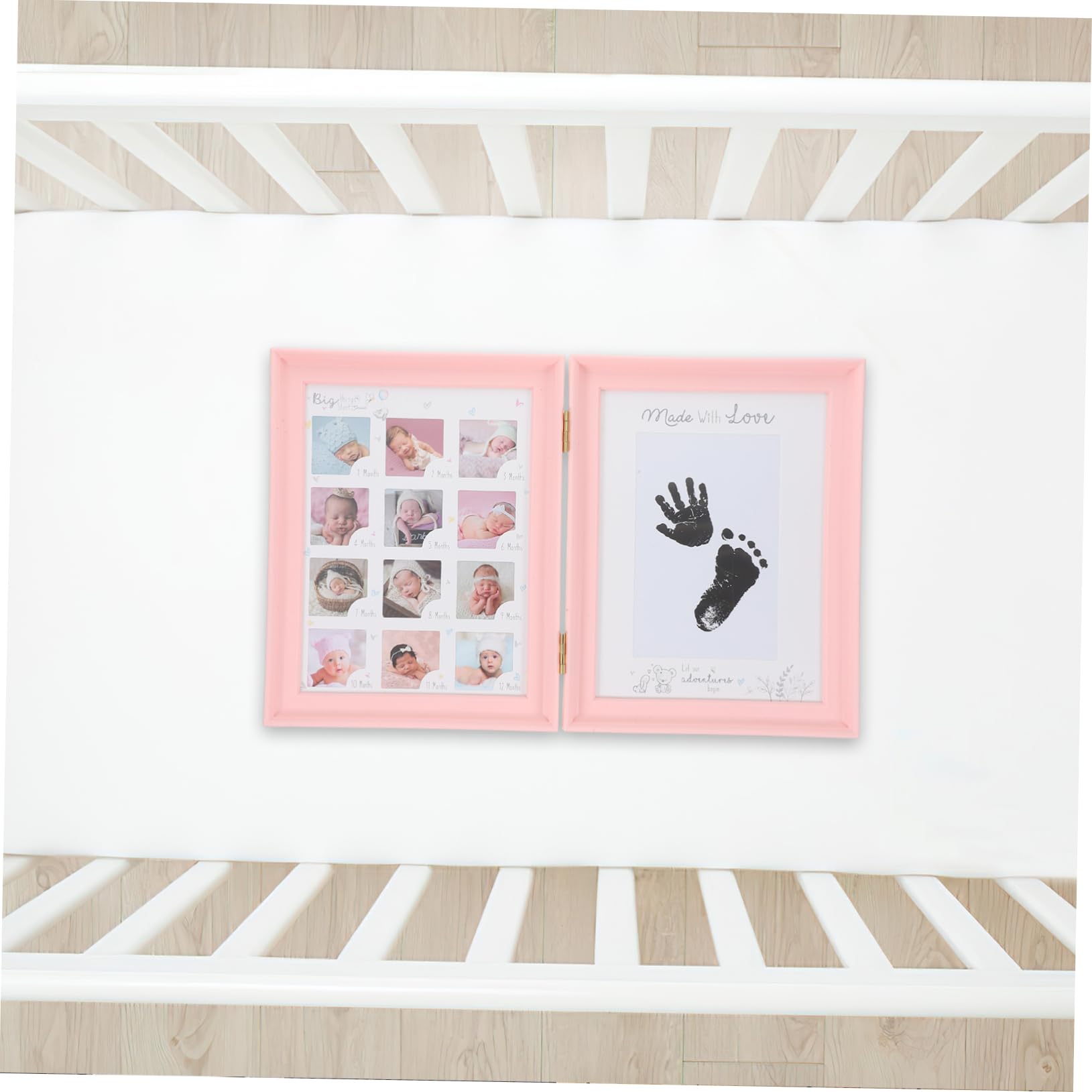 Cornice Ricordo Crescita Bebè Rosa, Doppia Apertura, Kit Impronte Mani e Piedi, in Plastica Pvc e Cartone, Regalo Nascita e Compleanno