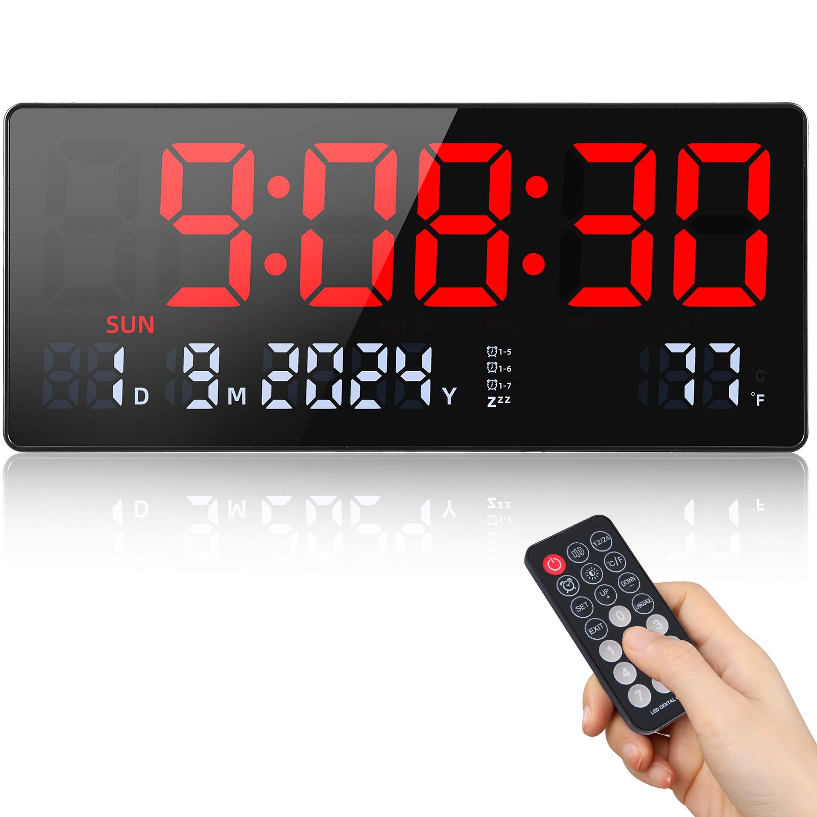 Fuloon Horloge Murale Numérique Réveil Grand écran LED Horloge numérique avec Télécommande Date Semaine Température pour Salon Cuisine Garage Bureau et Salle de Classe (Rouge)