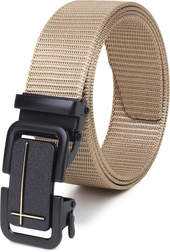 Nylon Canvas Belt for Men, Automatic Buckle, Khaki with Black Buckle, Cross Design, Casual Tactical Style-image-46