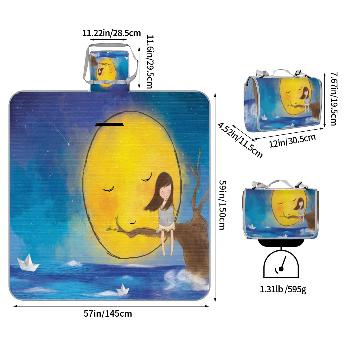 Shimoshe Picnic Blankets 57”x 59”, Starry Moon Tree Cartoon Girl Waterproof Sandproof Picnic Mat Lightweight Foldable Beach Blanket for Camping Park Grass Beach Outdoor Blanket