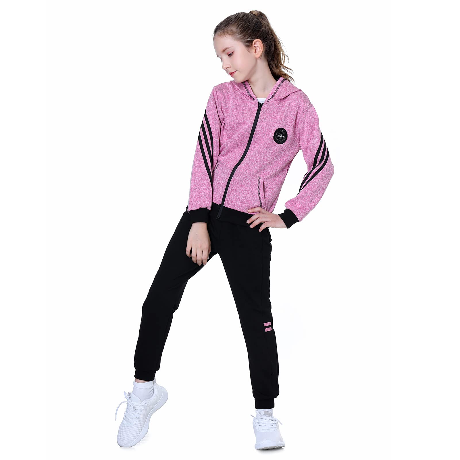 LPATTERN Dziecięcy dziewczęcy bawełniany dres do biegania na co dzień odzież sportowa 2/3 szt. zestaw strojów sportowych (kurtka z kapturem + koszulka z długim rękawem + spodnie lub kurtka z kapturem + spodnie)