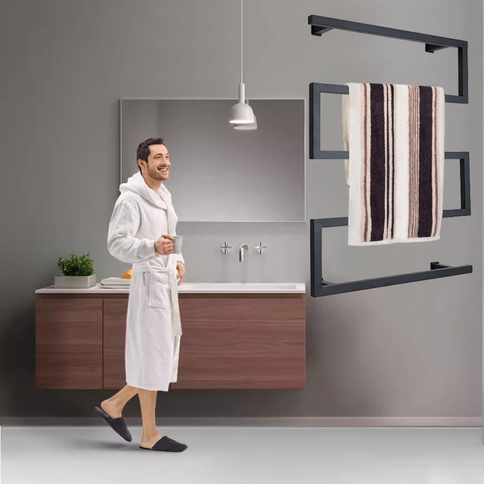 Radiador Toallero Electrico Negro Mate, Secador de Toallas para Baño, Calentador de Toallas, Estante para Toallas de Pared Acero Inoxidable 304, Bajo Consumo, 600mm×800mm
