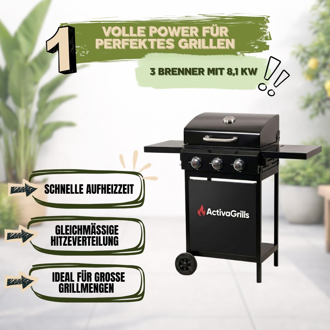 ACTIVA Action grill gazowy na kółkach, 3 palniki, każdy 2,7 kW, czarny, chromowany ruszt