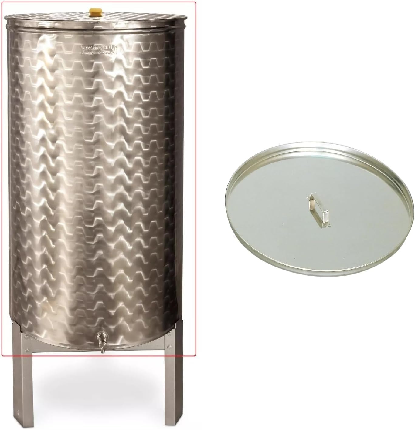 BOTTE, CONTENITORE INOX PER VINO, CON GALLEGGIANTE AD OLIO ENOLOGICO,DA LT 200 COMPRESO DI COPERCHIO PARAPOLVERE INOX,GALEGGIANTE AD OLIO,RUBINETTO INOX E PIEDISTALLO IN ACCIAIO ZINCATO MADE IN ITALY