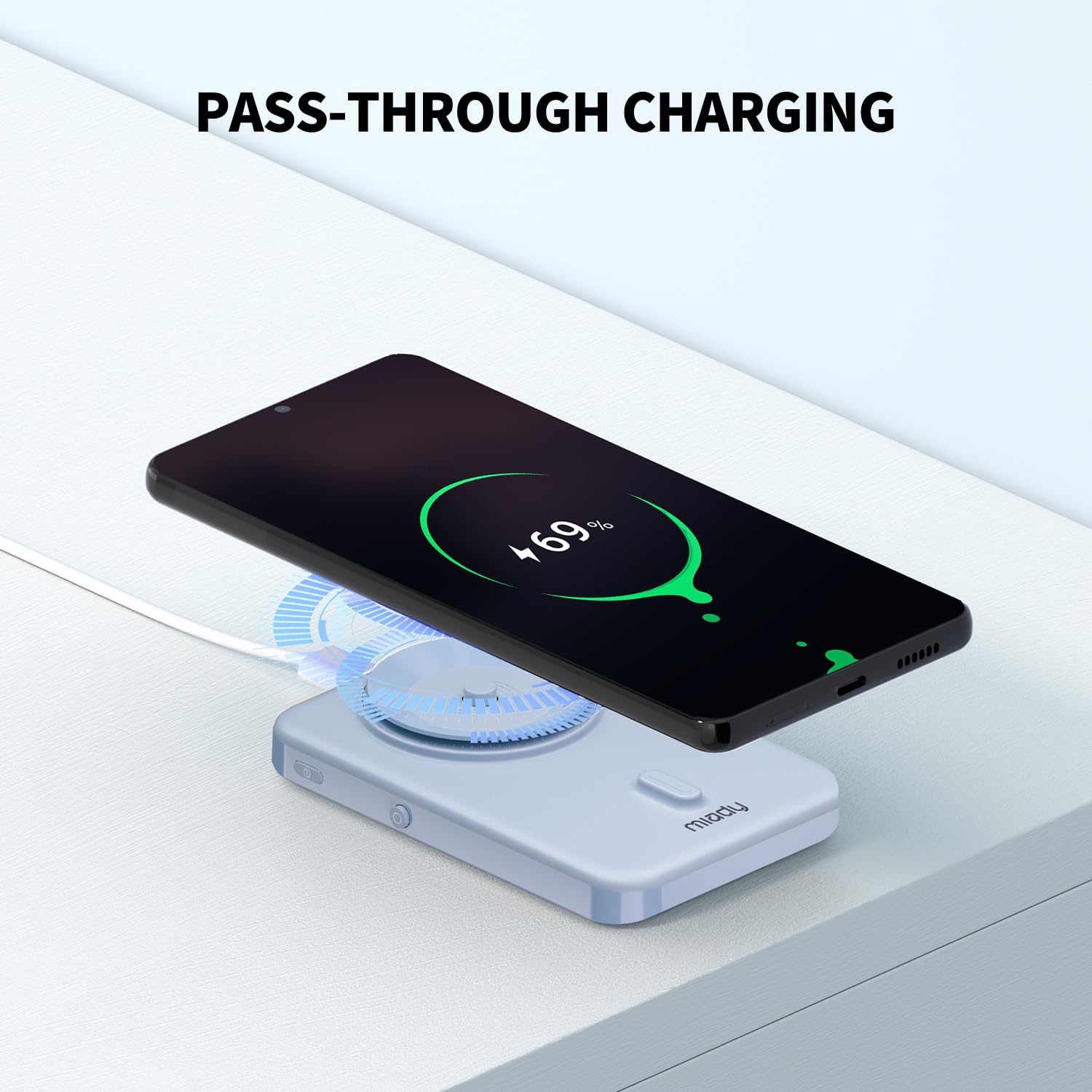 Miady Wireless Portable Charger, 5000mAh Power Bank with Powerful Electric Suction, 15W Wireless Charging for Samsung Galaxy, Google Pixel, Moto G Play,iPhone, Blue