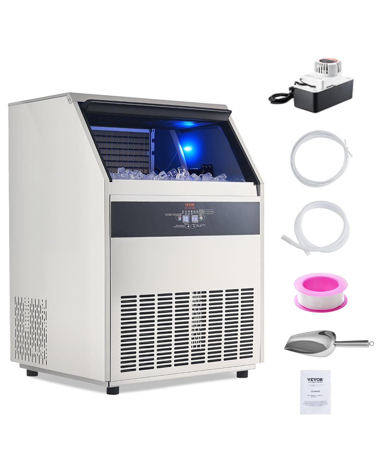 VEVOR440lbs/24H Commercial Ice Maker Machine with Drain Pump, 110lbs Storage Capacity Ice Maker, 160 Ice Cubes in 15 Minutes, LED Digital Display Freestanding Self-Cleaning for Bar Office Restaurant