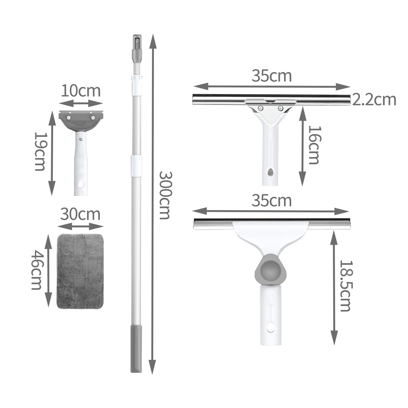 Limpiador Cristales con Poste Extensible,ángulo Ajustable rascadora 35cm,Espátula de Limpieza 10cm,Kit Limpiacristales Profesional para Ventanas Altas, Ducha (300cm)