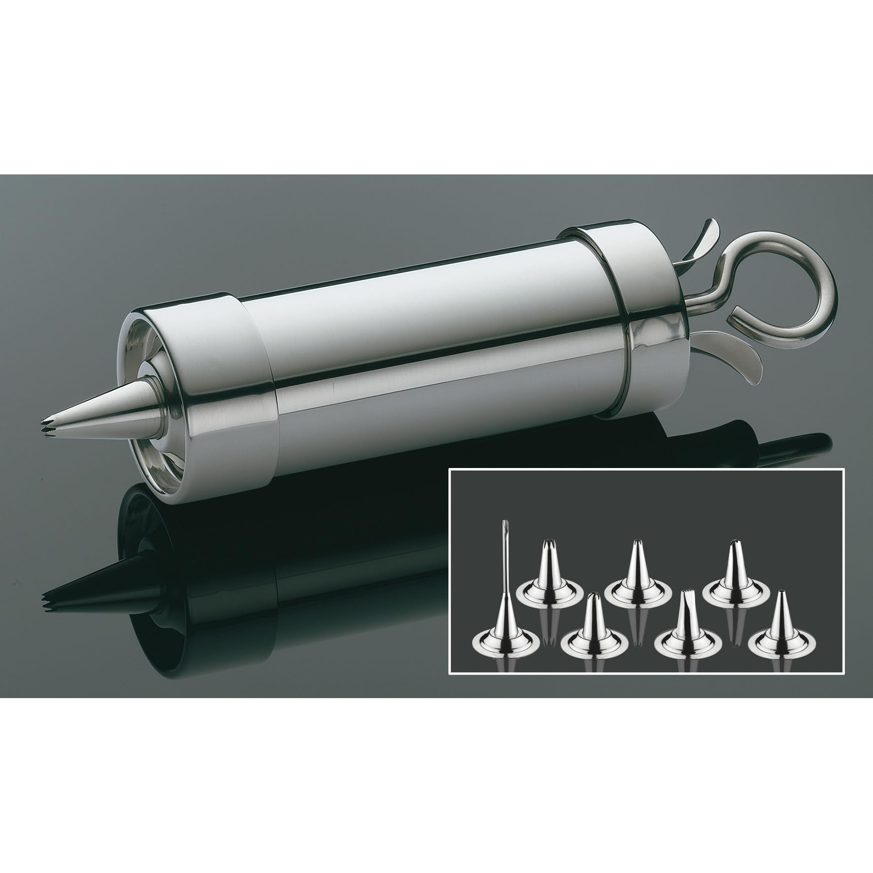 Küchenprofi 0805602800 - Siringa da pasticcere professionale in acciaio INOX, 24 cm, con 7 beccucci in acciaio INOX con chiusura a baionetta, capacità: 200 ml
