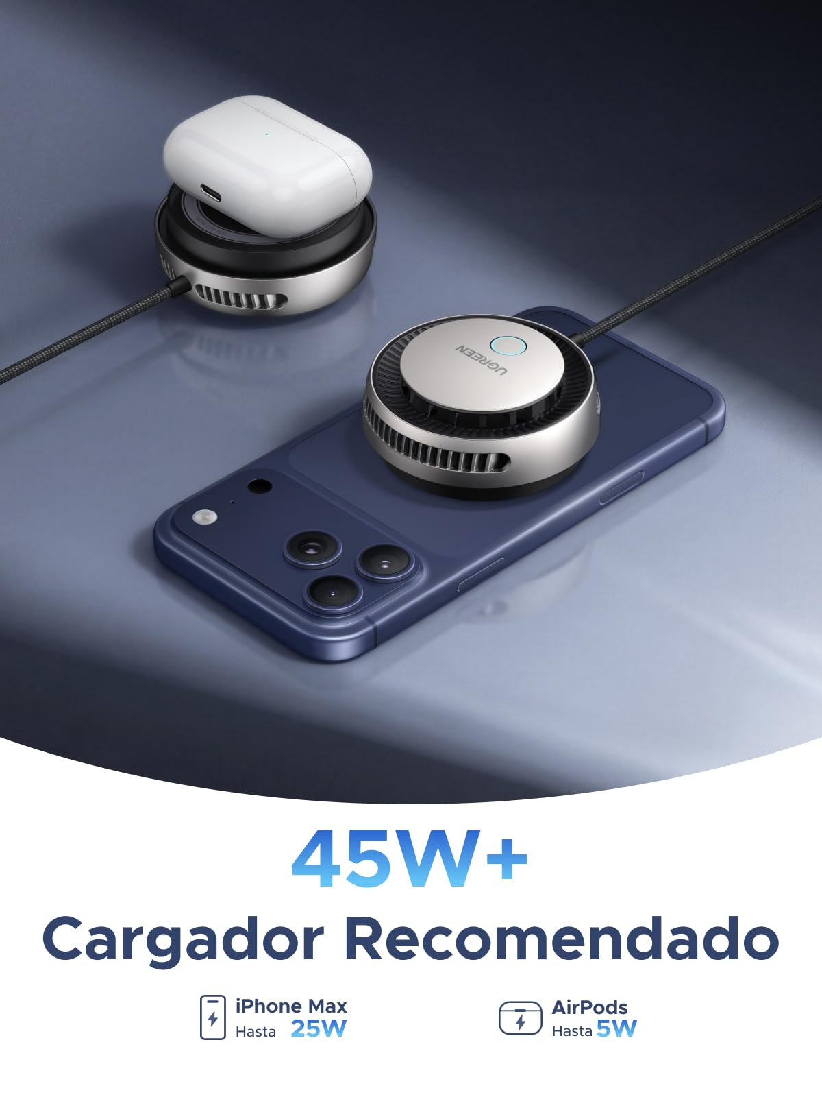 UGREEN MagFlow Pro Cargador Inalámbrico iPhone Magsafe, Qi2 25W Certificado Carga Rápida, Refrigeración MAX con Tec Cooling y Ventilador Integrado, Compatible con iPhone 17 16 15 14 13 12