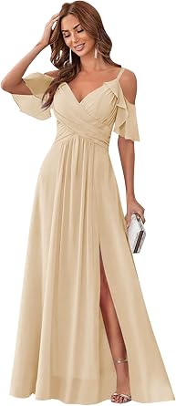 Off The Shoulder Bridesmaid Dresses for Women with Slit Ruffle Chiffon V Neck A Line Long Formal Evening Gown