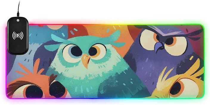 Colorful Owls Cartoon Wirel Charging Glowing Mouse and Keyboard pad Glowing Studio 35.4 x 15.7 in Mousepad Gaming