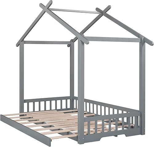 Miniatura 13 de Marco de cama de madera de tamaño individual con cama extragrande extensible, plataforma de suelo con techo y barandilla en forma de valla, no