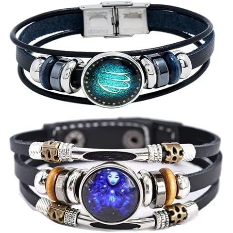 2Pcs Multilayer Constellation Zodiac Leather Bracelet Handmade Woven Zodiac Sign Wrap Bracelet Wristband for Women Men Jewelry Birthday Gift