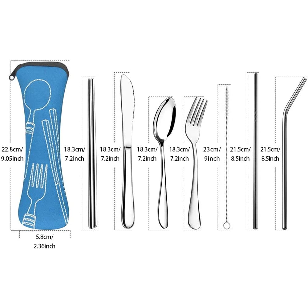 Geschirr 7-teiliges Besteck-Set tragbares Edelstahlbesteck mit wasserdichter Tasche für Büro, Schule, Camping, Gabel, Löffel, Messer, Essstäbchen, Abendessen (Color : 7PCS Blue Silvery) little