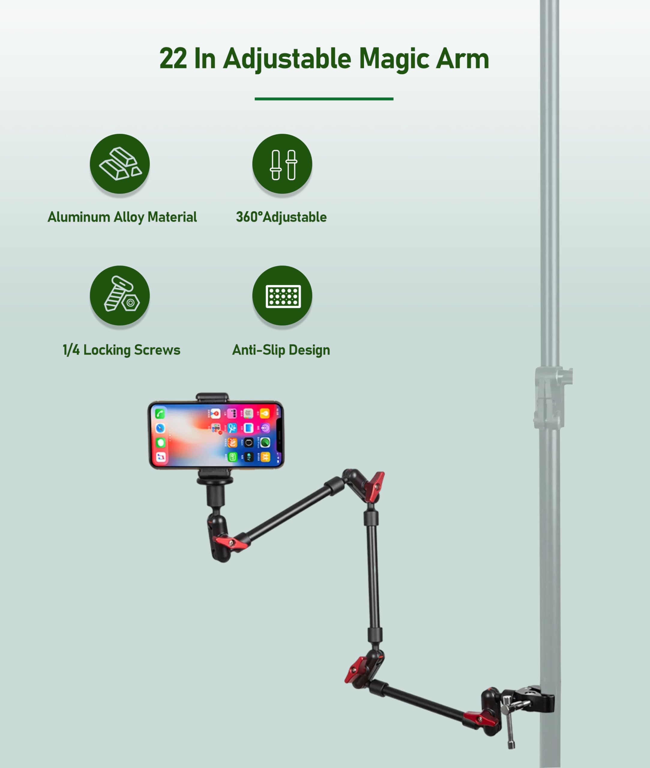 Gugixom Brazo Mágico Ajustable de 22 Pulgadas, Soporte de Soporte para Cámara con Tornillo de Bloqueo de Aluminio de 1/4, Cabezal de Bola Giratorio de 360°, Giro de 180°, Juego