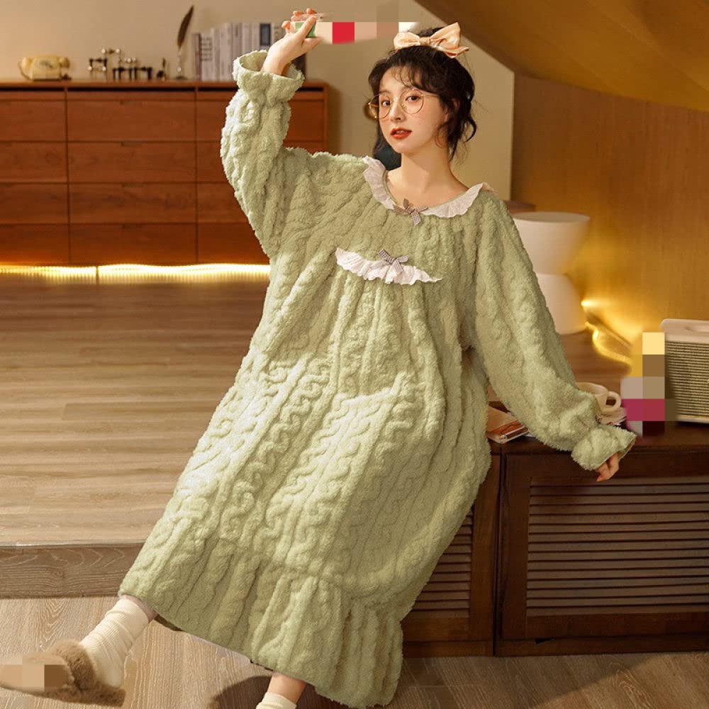 Nachthemden Für Damen,Damen-Nachthemden, Grüner Flanell, Rundhalsausschnitt, Spitze, Schleife, Twist, Streifen, Schlafhemd, Weich, Bequem, Langärmlig, Nachthemd, Nachtwäsche, Loungewear Für Dam