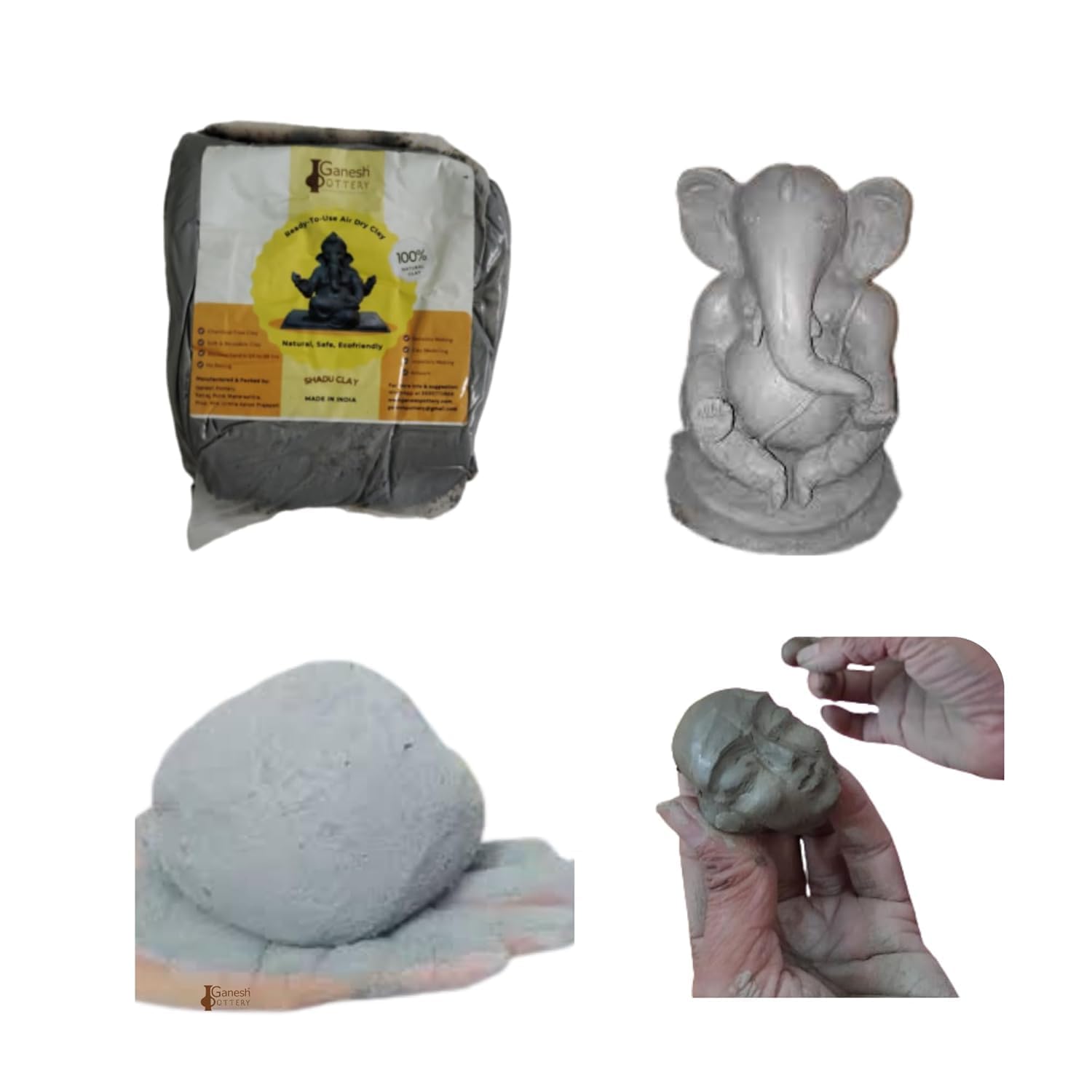 ganesh pottery premium diy shadu mati clay for ganesha idol making, sculpting, modelling, eco-friendly air dry clay for children & professional artist for any project 500gm