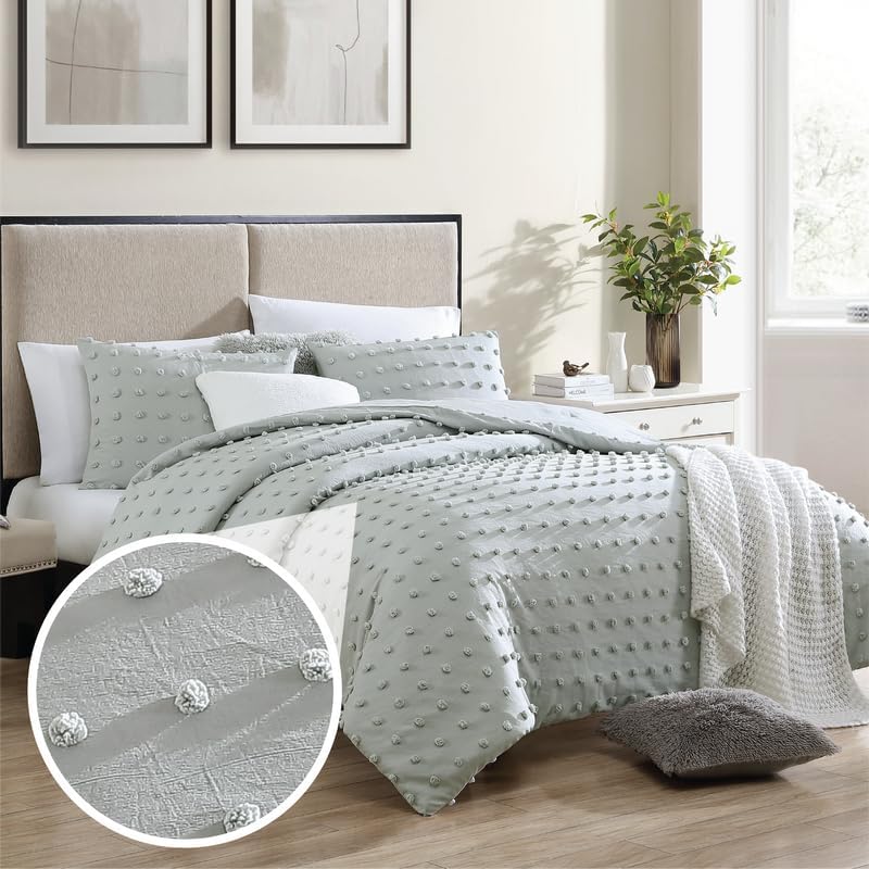 Image of Swift Home Full /Queen Gray Comforter Set - Decorative Tufted Pom Poms Bedding Set - 3 Pieces Bed Linen, 1 Comforter and 2 Pillow Shams
