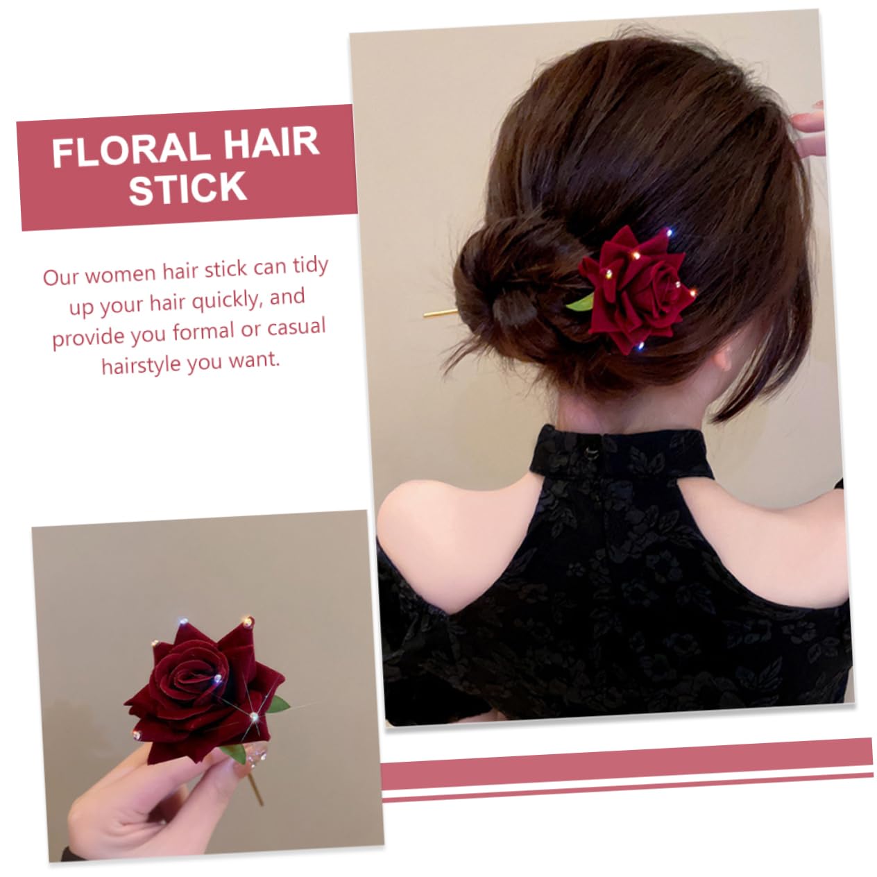 Épingle À Cheveux Avec Strass Et Rose Rouge Accessoire Élégant De Style Chinois Pour Fête Et Banquet