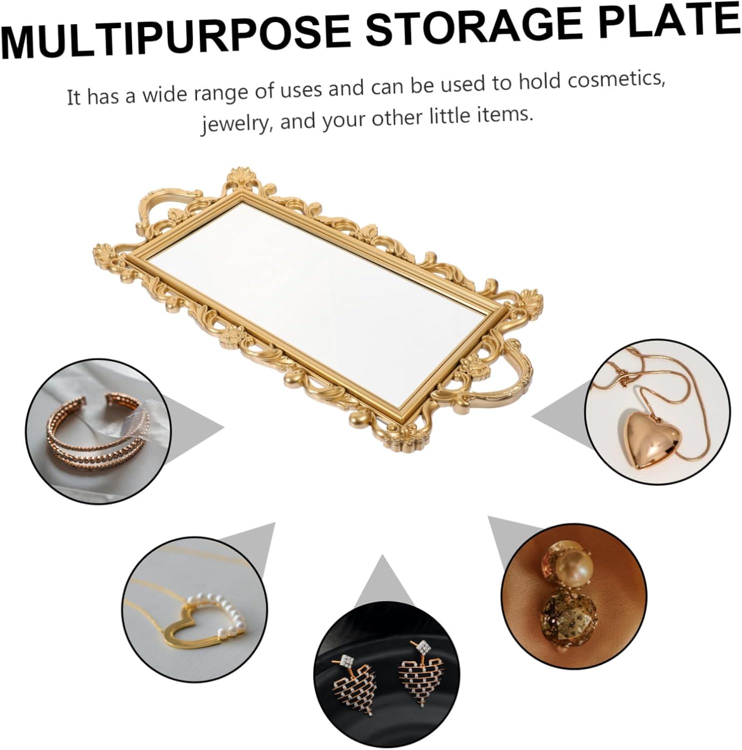 Gold Mirror Storage Tray Dresser Accessory for Women Jewelry Organizer