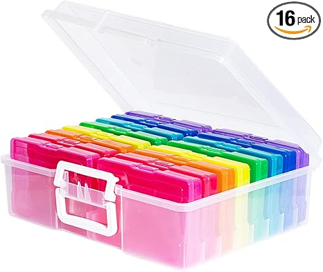 novelinks Transparent 4" x 6" Photo Cases and Clear Craft Keeper with Handle - 16 Inner Cases Plastic Storage Container Box (Multi-colored)