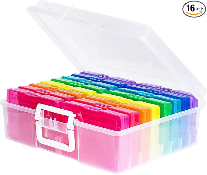 novelinks Transparent 4" x 6" Photo Cases and Clear Craft Keeper with Handle - 16 Inner Cases Plastic Storage Container Box (Multi-colored)