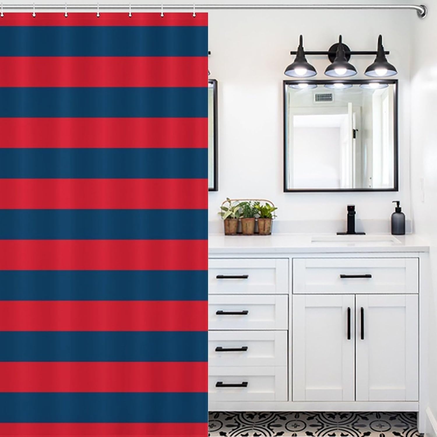 Shower Curtain Liner Set, Red and Navy Stripes Waterproof Washable Bathroom Curtains with 12 Hooks, 60 x 72inch
