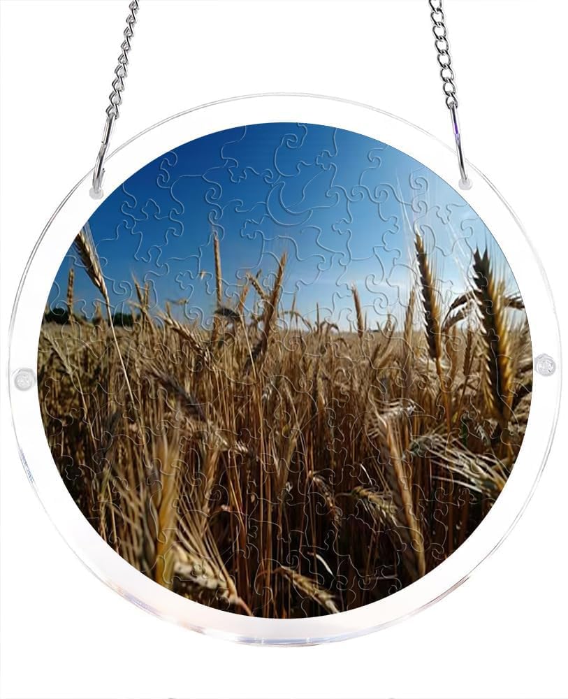 Golden Wheat Field Nature Landscape Acrylic Jigsaw Puzzles Suncatcher, 8.2 Inch Window Hanging Suncatcher Acrylic Puzzle, DIY Home Decor Art Gift