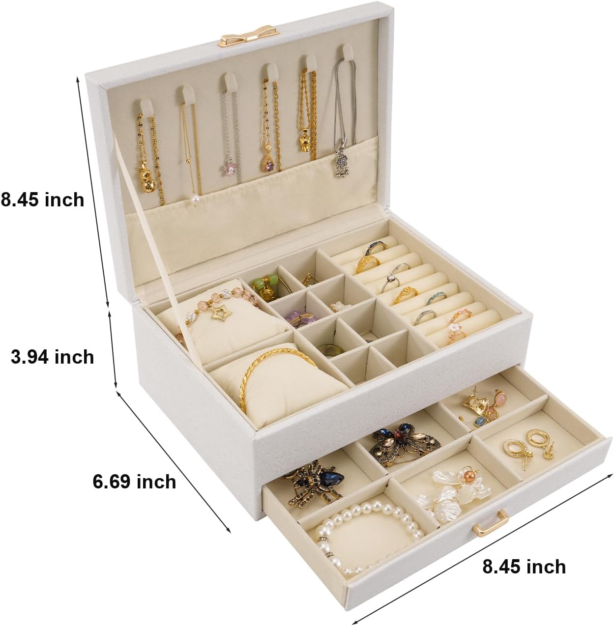 MOSISO Jewelry Box for Women, Large PU Leather Jewelry Organizer Drawer Storage Case with 2 Layers Display for Earrings Bracelets Rings Necklaces Watch Holder, White