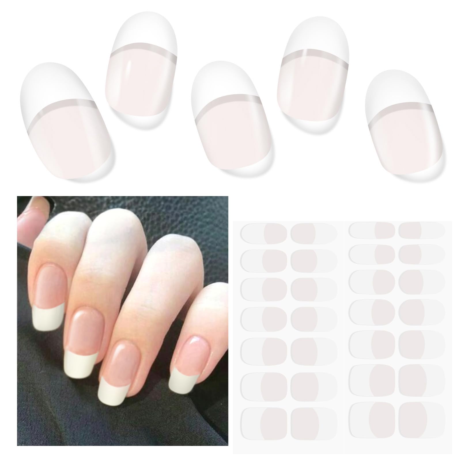 Semi Cured Gel Nail Strips, 28 pcs French Tip Gel Nail Stickers for Women Work with Any UV Lamp, UV Nails Stickers for Home DIY Nails Art (French)