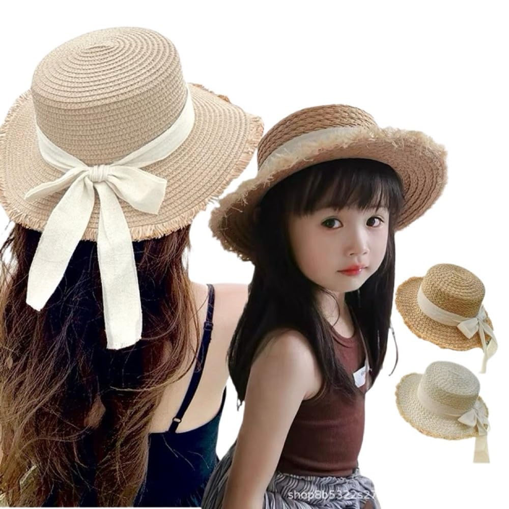 Amazon.co.jp: 親子ペア 麦わら帽子 リボン付き ナチュラル 夏用 日よ