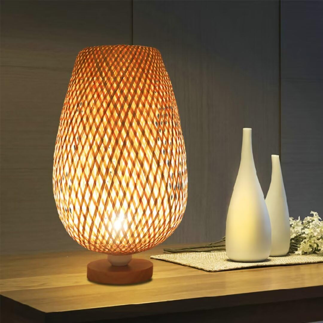 GUANSHAN Bamboo Woven Table Lamp Zen Style Bamboo Lampshade Table Light Decorative Table Lighting Night Light Atmosphere Light for Bedroom, Living Room