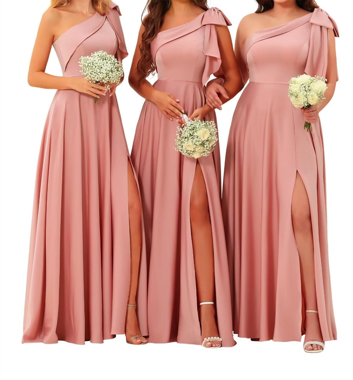Wseyu Women's Dusty Rose Princess Bridesmaid Dresses One Shoulder Prom Dresses Satin Formal Evening Party Maxi Gown With Slit Bow Zm216 Uk8