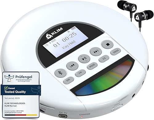 KLIM Nomad - Nuevo - Reproductor de CD portátil con batería de larga duración - con auriculares - Radio FM - Compatible con reproductor de CD MP3
