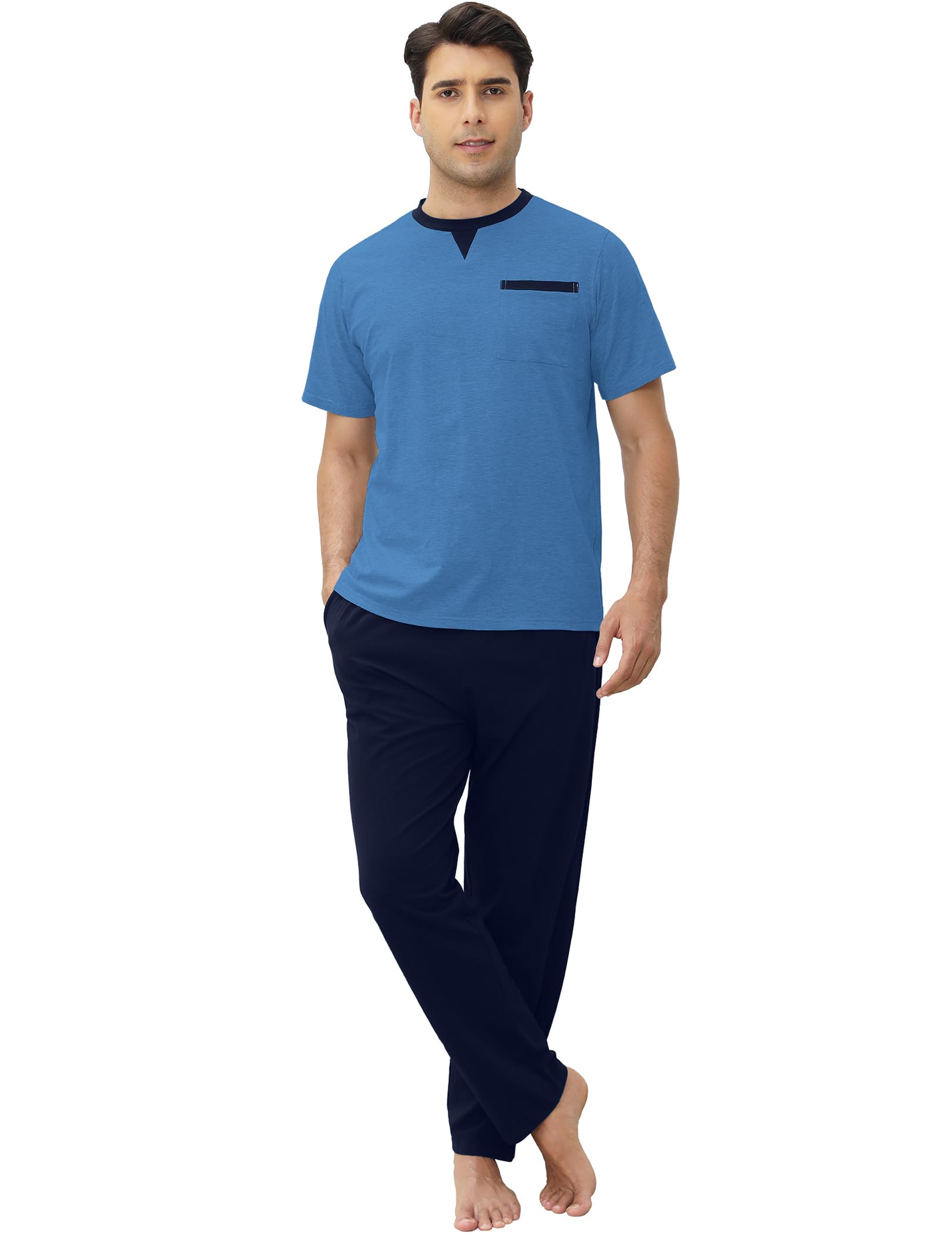 Pijama Hombre Algodon Largo Verano, Ropa de Dormir Dos Piezas, Conjunto Camiseta Manga Corta y Pantalones con Bolsillos, Ropa de Casa Suave y Cómodo S-XXL
