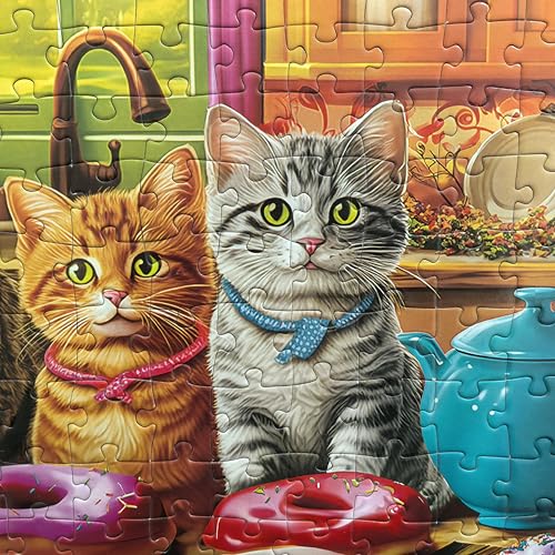 Image of 300 Pieces Jigsaw Puzzles for Adults - Puzzles for Kids Ages 6-8 8-10 10-12 - Large Piece Puzzles for Seniors - Kitchen Kittens and Donuts