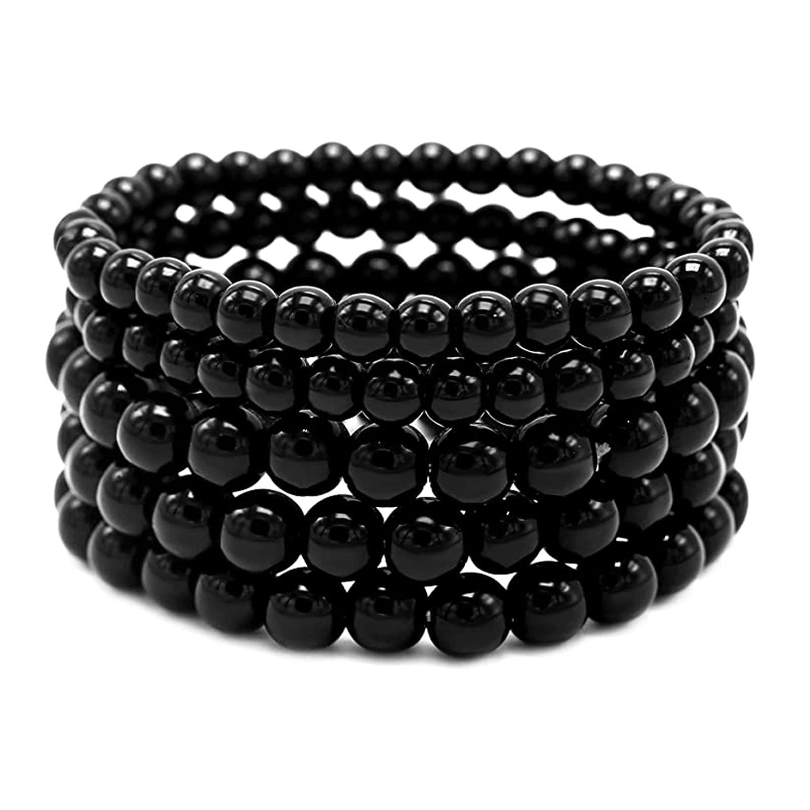 ADFClassic Glass Black Onyx Beaded Stretchable Combo of 5 Strand Bracelet for Women and Girls (Black)