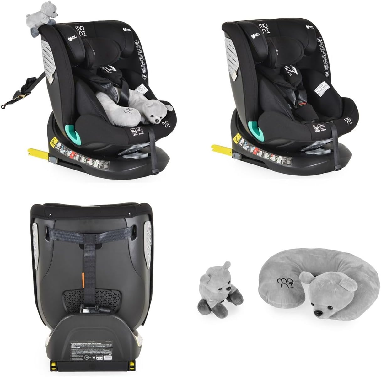 Dos views of the Moni i-Size Serengeti Car Seat, along with an image of the included teddy bear and neck pillow accessories.