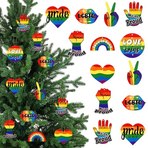 Syhood 24 Pcs Rainbow Ornaments LGBT Pride Wood Hanging Tree Ornaments Decoration Rainbow Pendant Love Signs for Lesbian Gay Pride Party Supplies