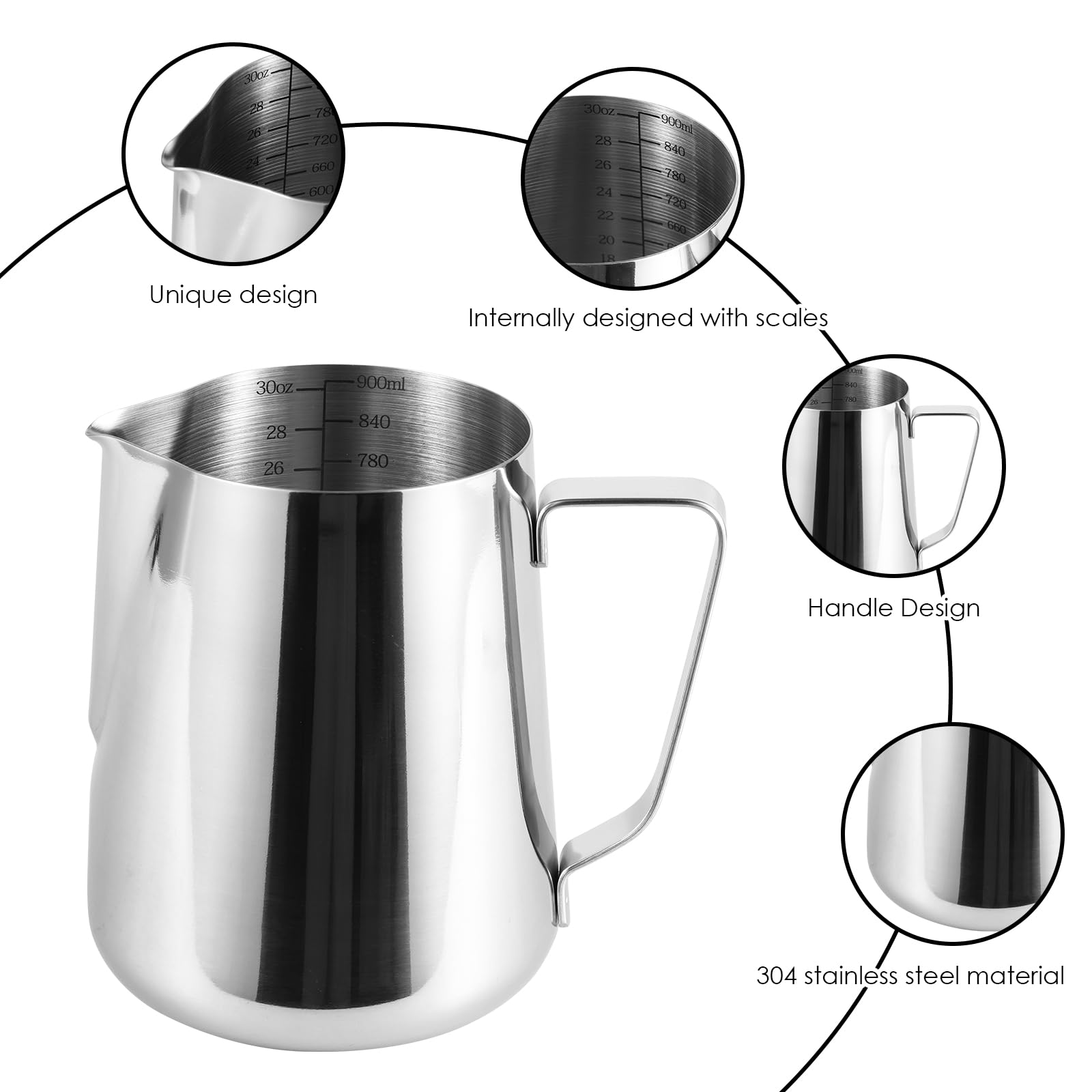 Paquete de 2 jarras de espuma de leche de 900 ml, jarras de vapor de acero inoxidable para leche/café/capuchino/latte art barista, jarra de leche con bolígrafo artístico (2)