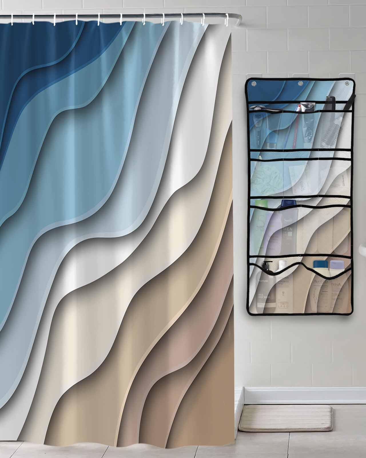 Shower Curtain Mesh Shower Organizer Hanging Set Abstract Geometric Blue Brown Gradient Waves Beach Waterproof Shower Curtains with