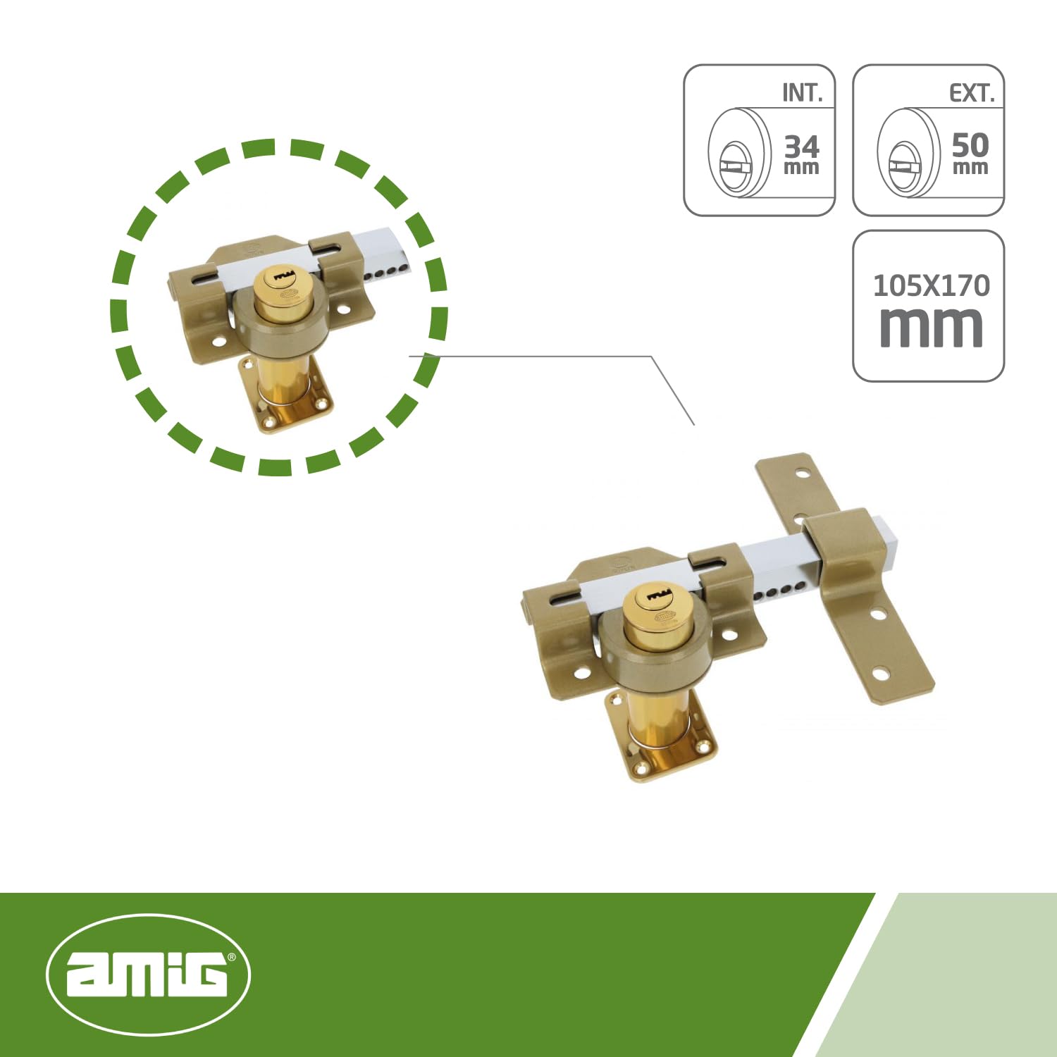 Amig - Zamek z okrągłym cylindrem wewnętrznym i zewnętrznym Mod. 4 | 105 x 170 mm | Blokada bezpieczeństwa z kluczem | Zawiera 5 kluczy punktowych | Stal Martelé