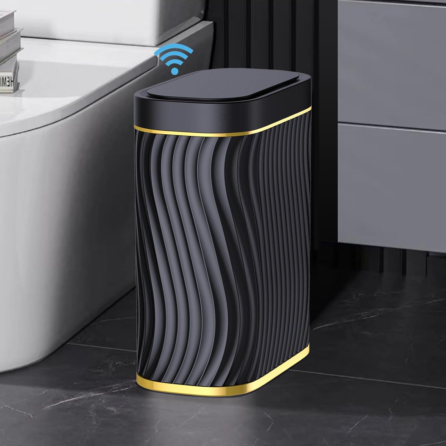 Bathroom Small Trash Can with Automatic Touchless Lid, 2.6 Gallon Smart Garbage Can Narrow Waterproof Trash Bin for Bedroom, Office, Living Room (Black) (Glod Black)