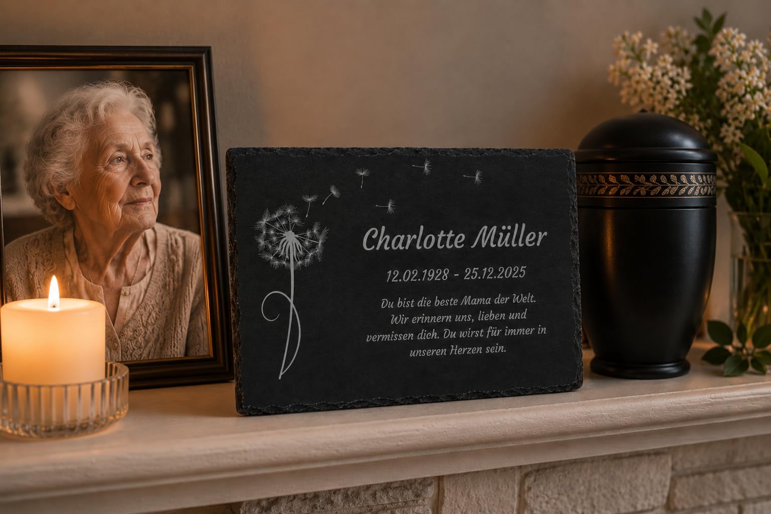 Schiefer Gedenktafel Grabplatte mit hochwertiger Gravur, Grabstein Urnengrab Grabschmuck selbst gestalten, Andenken an geliebten Mensch, Geschenk