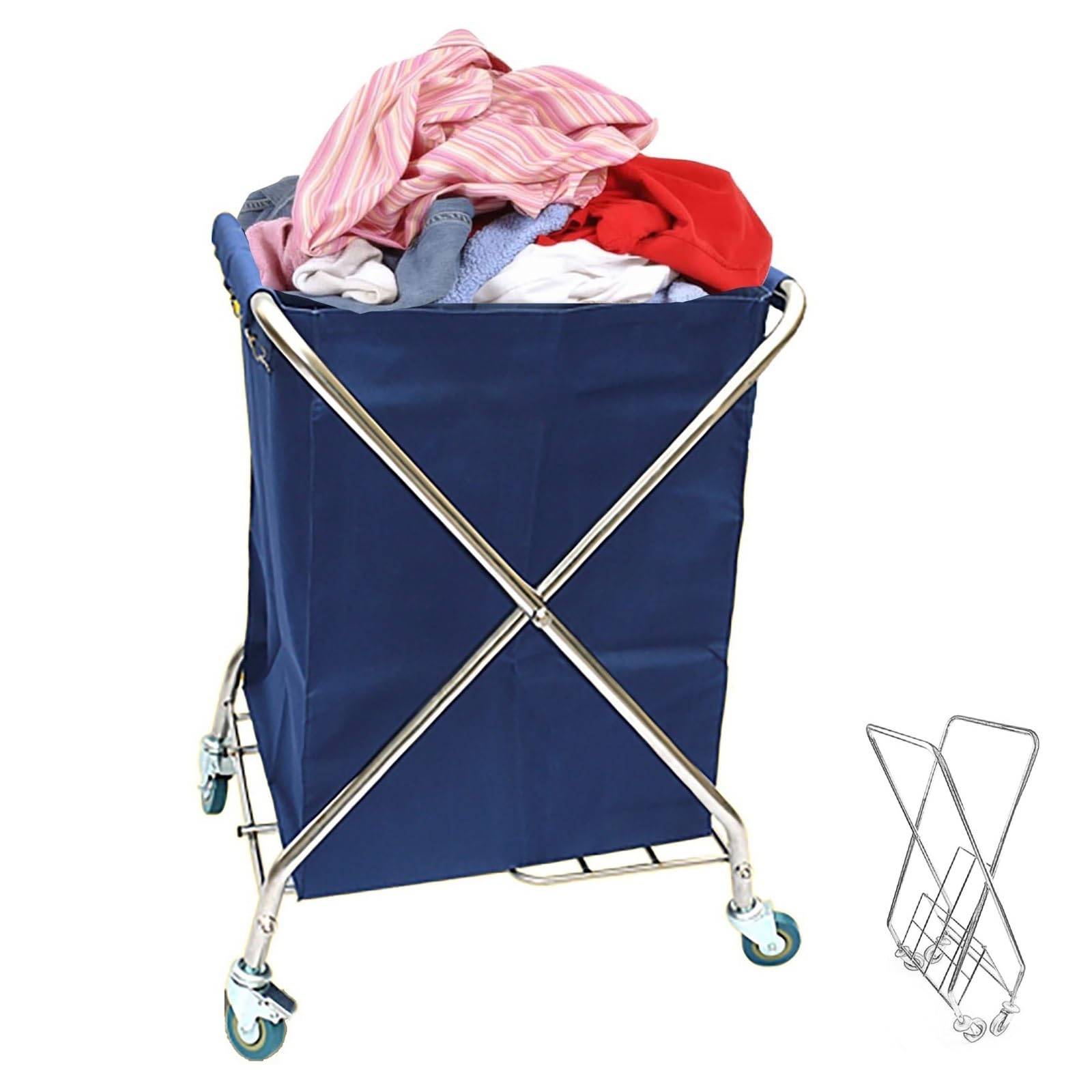 FQMYLTYN Carrito de Lavandería Plegable con Ruedas, Cesta de Lavandería Comercial Resistente y Plegable con Bolsa de Lona Desmontable para Hoteles, Hospitales y Hogares, 60x60x89cm(Blue)